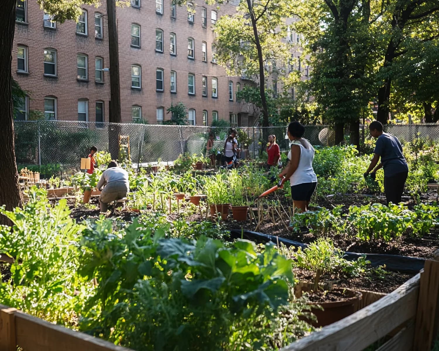 Community urban garden with wooden raised beds between buildings